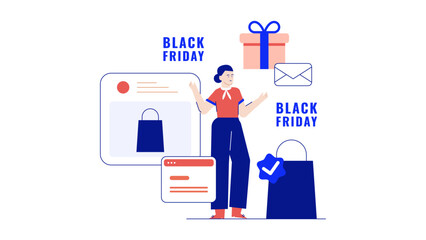 Black Friday illustration featuring online shopping and happy customer suitable for digital marketing campaigns, websites, advertisements, and social media posts.