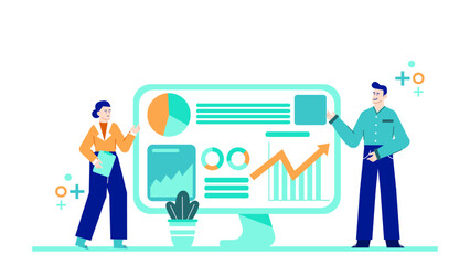 Two colleagues reviewing business data on a large screen. Suitable for business presentations, teamwork concepts, corporate meetings, technology.