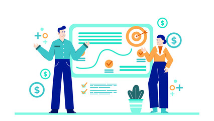 Two colleagues discuss a financial plan with profit growth and targets displayed, suitable for business and finance concepts.