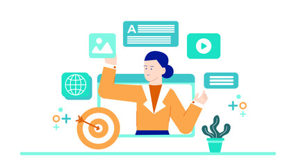 Woman presenting online content marketing goals. Perfect for webinars, presentations, social media posts, blog graphics, and marketing campaigns.