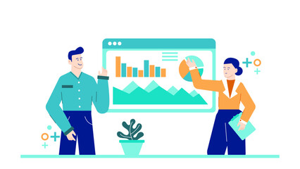 Two people showcasing data charts and graphs, ideal for business presentations, financial reports, sales meetings, and team collaborations.