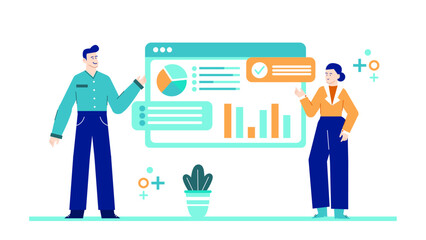 Two people showing data graphs on a screen. Suitable for presentations, corporate meetings, data analysis, teamwork concepts, business reports.