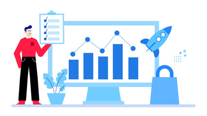 Obraz premium Man with checklist and graph showing upward trend alongside a rocket. Ideal for business presentations, infographics, and financial growth concepts.