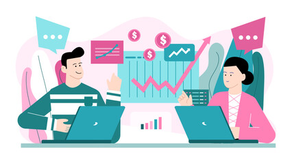 Two people working together on laptops, studying financial charts. Suitable for business, teamwork, finance, collaboration, analysis concepts.