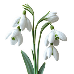 Fototapeta premium A cluster of delicate white snowdrop flowers with green stems and leaves isolated on transparent background