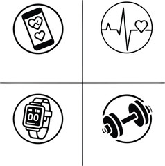 "Minimal Health and Workout Line Icons – Fitness Tracker, Heart Rate, Dumbbell, Mobile Health App"

