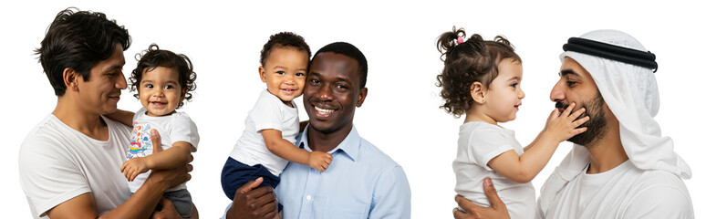 Diverse Group of Fathers with Toddlers Smiling and Interacting Against a transparent background