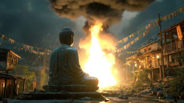 A surreal scene of a serene Buddha amidst chaos, with a raincloud forming above a burning village. The contrast evokes a sense of calm in turmoil, reminiscent of spiritual texts on inner peace.