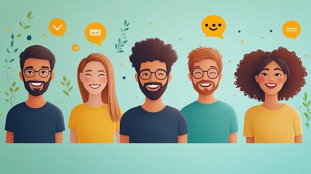 Flat illustration of friendly customer service team, smiling employees with phone and chat icons in soft colors, simple and friendly design, modern business communication and support concept.