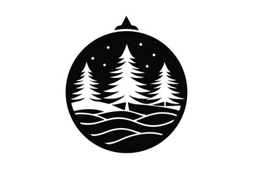 Black and white snow globe illustration with three stylized Christmas trees and falling snow