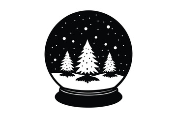Black and white snow globe illustration with three stylized Christmas trees and falling snow