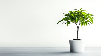 Obraz premium Serene Potted Plant in Neutral Space: A solitary potted plant stands serenely in a minimalist interior, its vibrant leaves contrasting against the clean, neutral background.