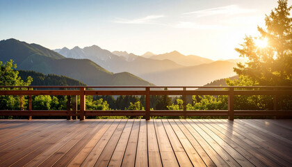 Modern balcony with wooden floor, mountain view, and sunrise light