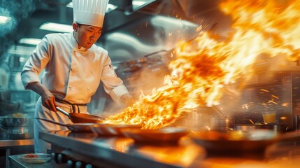 Culinary Brilliance: A seasoned chef skillfully ignites a blazing inferno of flames while expertly handling a pan. The shot is a masterclass in culinary prowess.