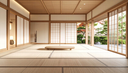Serene Japanese tatami room with open windows and peaceful garden view