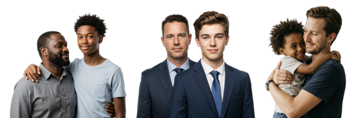 Diverse Group of Males: Family Portrait Featuring Men of Varying Ages and Ethnicities in Professional and Casual Attire