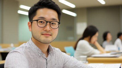 Young man studying in modern classroom setting.