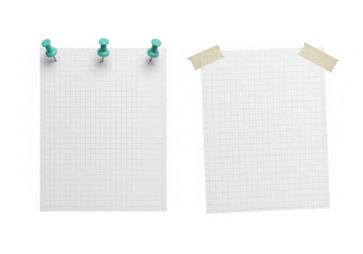 Two blank grid paper sheets, one pinned and one taped, isolated on transparent background