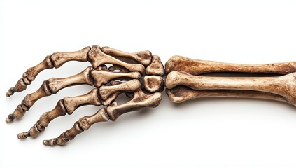 Close-up photo of a skeleton hand on a white background, studio shot, isolated