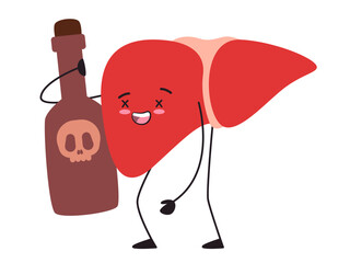 Liver poisoning alcoholic toxins drink addiction hepatic unhealthy character adorable cute of organ anatomical with facial expression