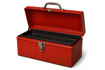 Red metal toolbox standing open, revealing black interior tray, positioned against transparent background
