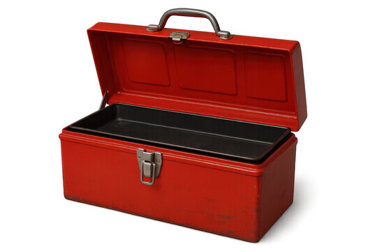 Red metal toolbox standing open, revealing black interior tray, positioned against transparent background