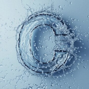Flowing liquid water letter C formed with splashing transparent droplets on light blue background in slow motion elegance