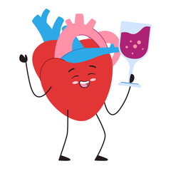 Heart drinking red wine character adorable cute of organ anatomical with facial expression alcohol addiction
