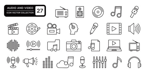 Audio and video collection, editable and resizable vector icon templates.
