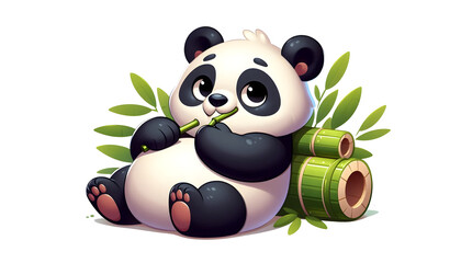 Cute cartoon panda eating bamboo happily