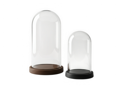 Two glass domes with wooden and black bases, isolated on transparent background