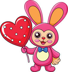  Bunny holding heart balloon, kawaii cartoon character, outline vector on white