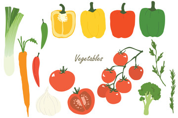 Set of vegetables colorful of freshly picked summer carrots, radish, tomatoes, broccoli, bell pepper, chillies and beetroot isolated on a white background.