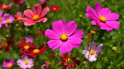 Fototapeta premium Colorful Cosmos Flowers Blooming in a Garden on a Sunny Day