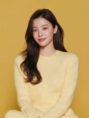 Korean Beauty Model on Yellow Background, AI Portrait of Asian Woman in Yellow, Korean Female Beauty Editorial Image, Yellow Background K-beauty Stock Photo, AI Asian Beauty Shot