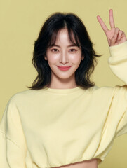 Korean Beauty Model on Yellow Background, AI Portrait of Asian Woman in Yellow, Korean Female Beauty Editorial Image, Yellow Background K-beauty Stock Photo, AI Asian Beauty Shot