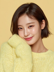 Korean Beauty Model on Yellow Background, AI Portrait of Asian Woman in Yellow, Korean Female Beauty Editorial Image, Yellow Background K-beauty Stock Photo, AI Asian Beauty Shot