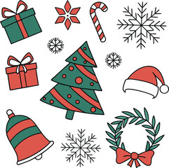 "Flat Style Christmas Elements Set – Santa Hat, Gift Boxes, Snowflakes, Holiday Tree, Bell, Decorations"

