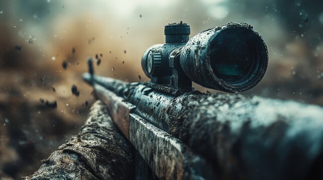 Dirty Sniper Rifle in a Muddy Field - Military Action