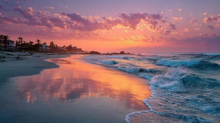 Beach Sunset with Pink Clouds and Ocean Waves