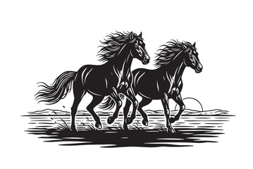 Vector of two majestic horses with flowing manes and tails gallop gracefully across a landscape at sunset.