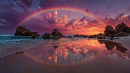 Reflective Beach Landscape with Rainbow and Rocks