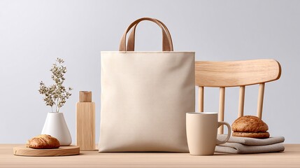 Modern kitchen aesthetic tote bag display with coffee and pastries in minimalist style