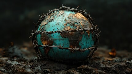 Captured World: Globe Wrapped in Barbed Wire on Dark Earth - Symbol of Global Issues