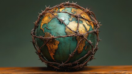 Globe Bound in Barbed Wire: Conceptual Symbol of Global Issues and Constraints
