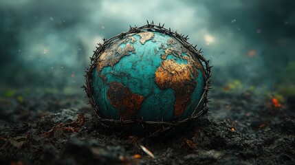 Barbed Wire Globe on Wasteland: Conceptual Image of Conflict and Global Crisis