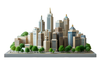 Miniature city model showcases detailed architectural features and green park spaces against a transparent background, a beautiful cityscape replica.