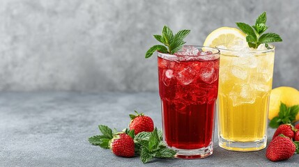 Refreshing summer drinks in glasses with ice and fruit.