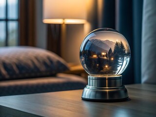 A crystal ball reflects a serene mountain landscape with snow covered trees creating a peaceful scene indoors