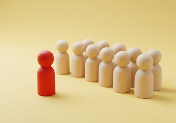 A single red figure leads a group of wooden figures, representing leadership